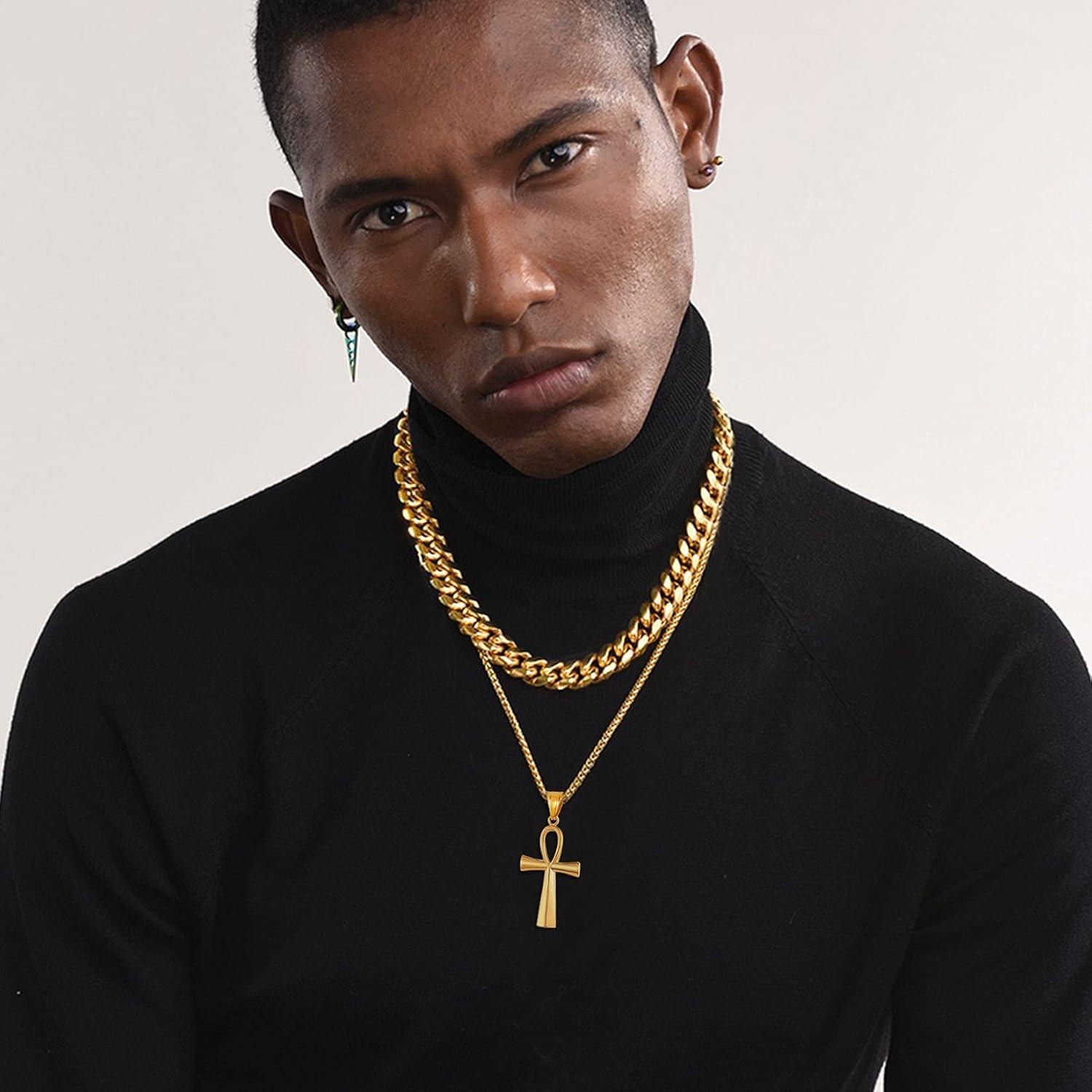 imageU7 Ankh Necklace for Men Women Stainless Steel Black Color Egyptian Jewelry Ankh Cross Pendant Africa Necklaces with Chain 22Ankh CrossGold