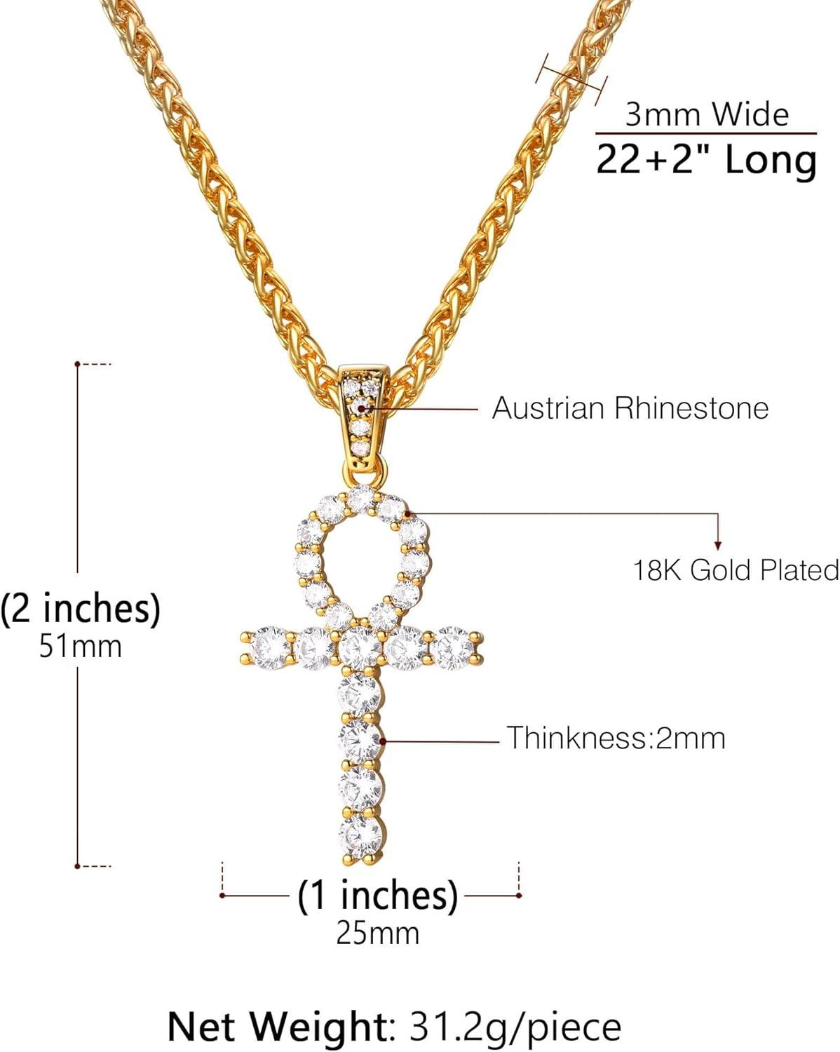 imageU7 Ankh Necklace for Men Women Stainless Steel Black Color Egyptian Jewelry Ankh Cross Pendant Africa Necklaces with Chain 22Crystal AnkhGold