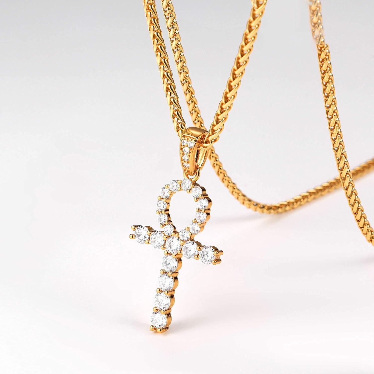 imageU7 Ankh Necklace for Men Women Stainless Steel Black Color Egyptian Jewelry Ankh Cross Pendant Africa Necklaces with Chain 22Crystal AnkhGold