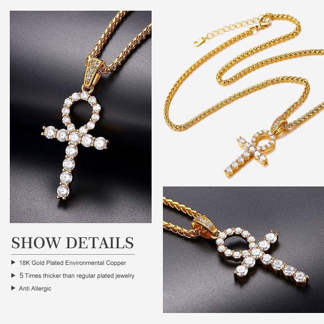 imageU7 Ankh Necklace for Men Women Stainless Steel Black Color Egyptian Jewelry Ankh Cross Pendant Africa Necklaces with Chain 22Crystal AnkhGold