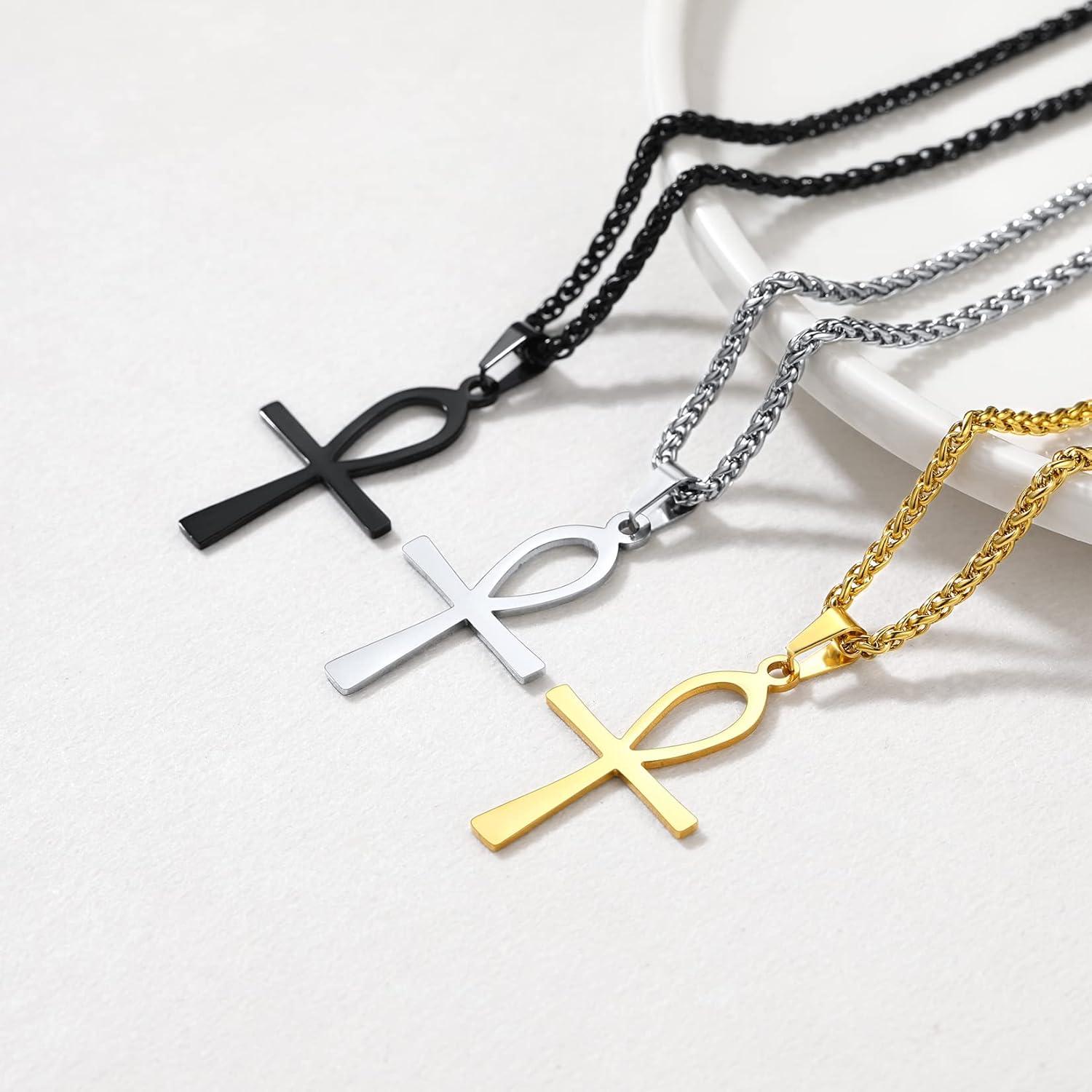 imageU7 Ankh Necklace for Men Women Stainless Steel Black Color Egyptian Jewelry Ankh Cross Pendant Africa Necklaces with Chain 22Flat AnkhBlack