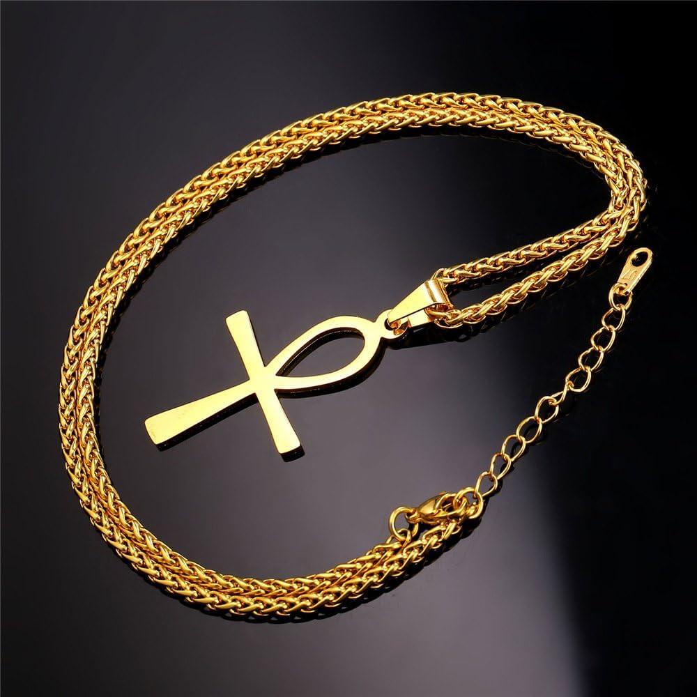 imageU7 Ankh Necklace for Men Women Stainless Steel Black Color Egyptian Jewelry Ankh Cross Pendant Africa Necklaces with Chain 22Flat AnkhGold