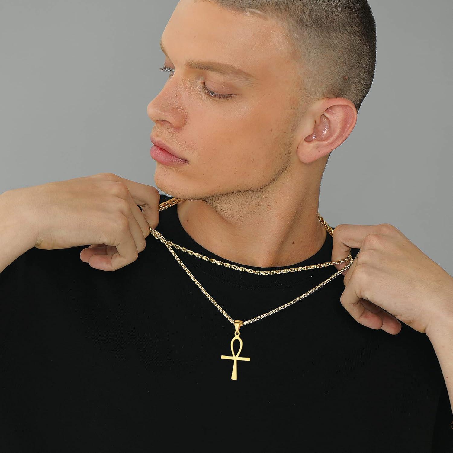 imageU7 Ankh Necklace for Men Women Stainless Steel Black Color Egyptian Jewelry Ankh Cross Pendant Africa Necklaces with Chain 22Flat AnkhGold