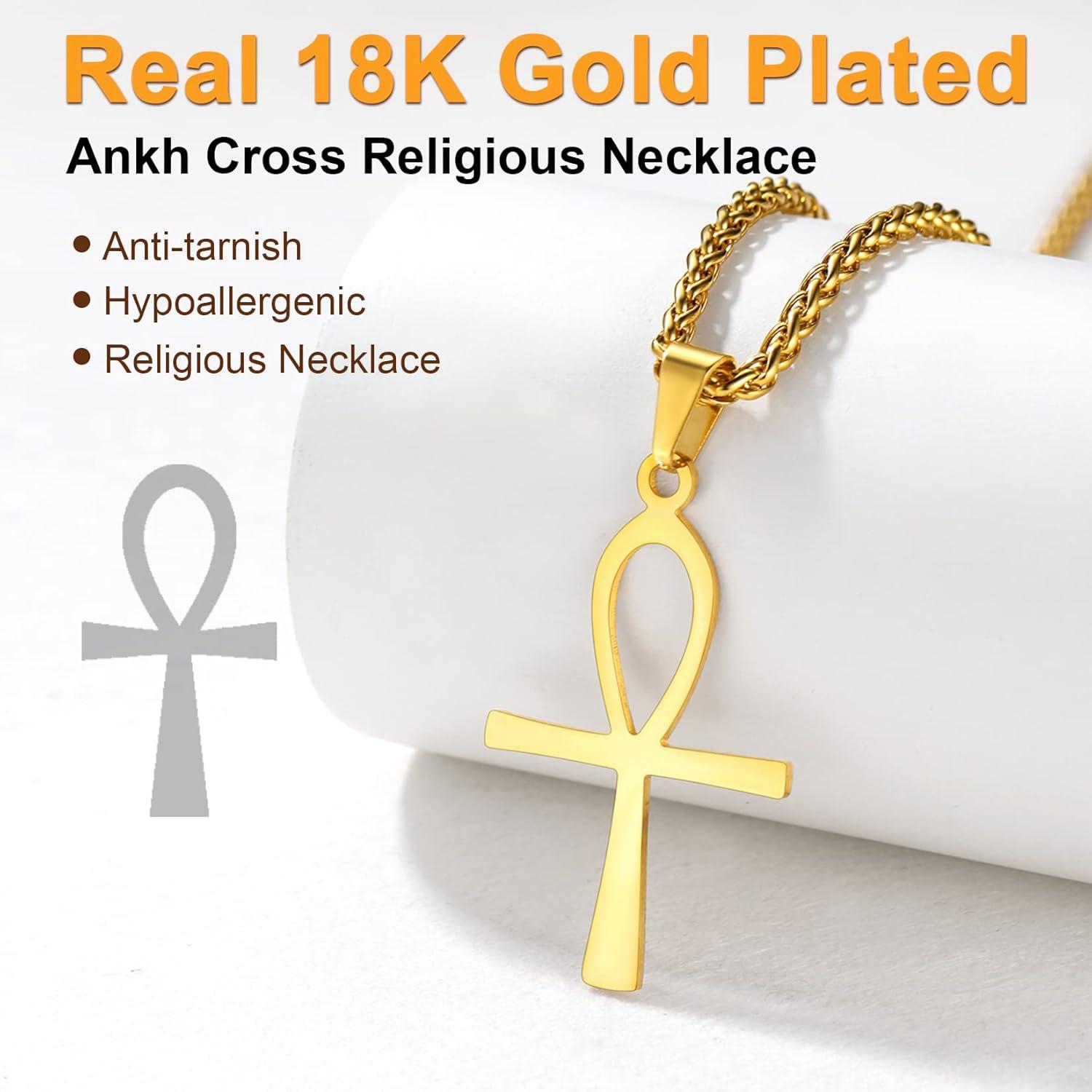 imageU7 Ankh Necklace for Men Women Stainless Steel Black Color Egyptian Jewelry Ankh Cross Pendant Africa Necklaces with Chain 22Flat AnkhGold