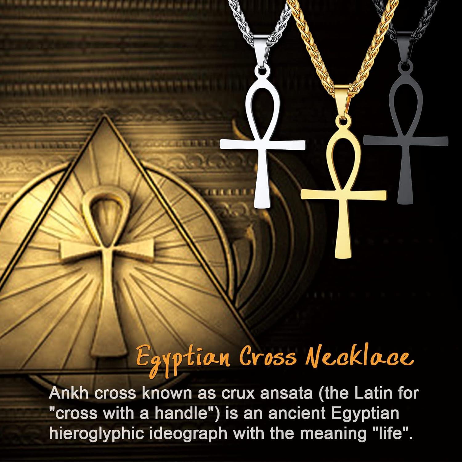 imageU7 Ankh Necklace for Men Women Stainless Steel Black Color Egyptian Jewelry Ankh Cross Pendant Africa Necklaces with Chain 22Flat AnkhGold