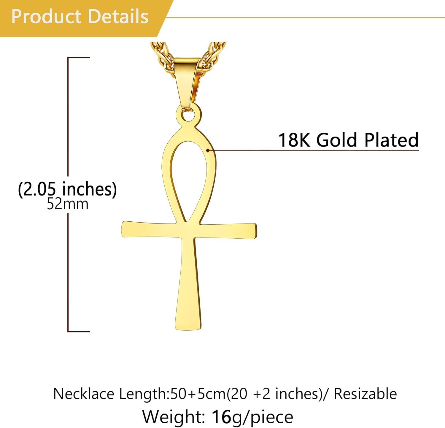 imageU7 Ankh Necklace for Men Women Stainless Steel Black Color Egyptian Jewelry Ankh Cross Pendant Africa Necklaces with Chain 22Flat AnkhGold