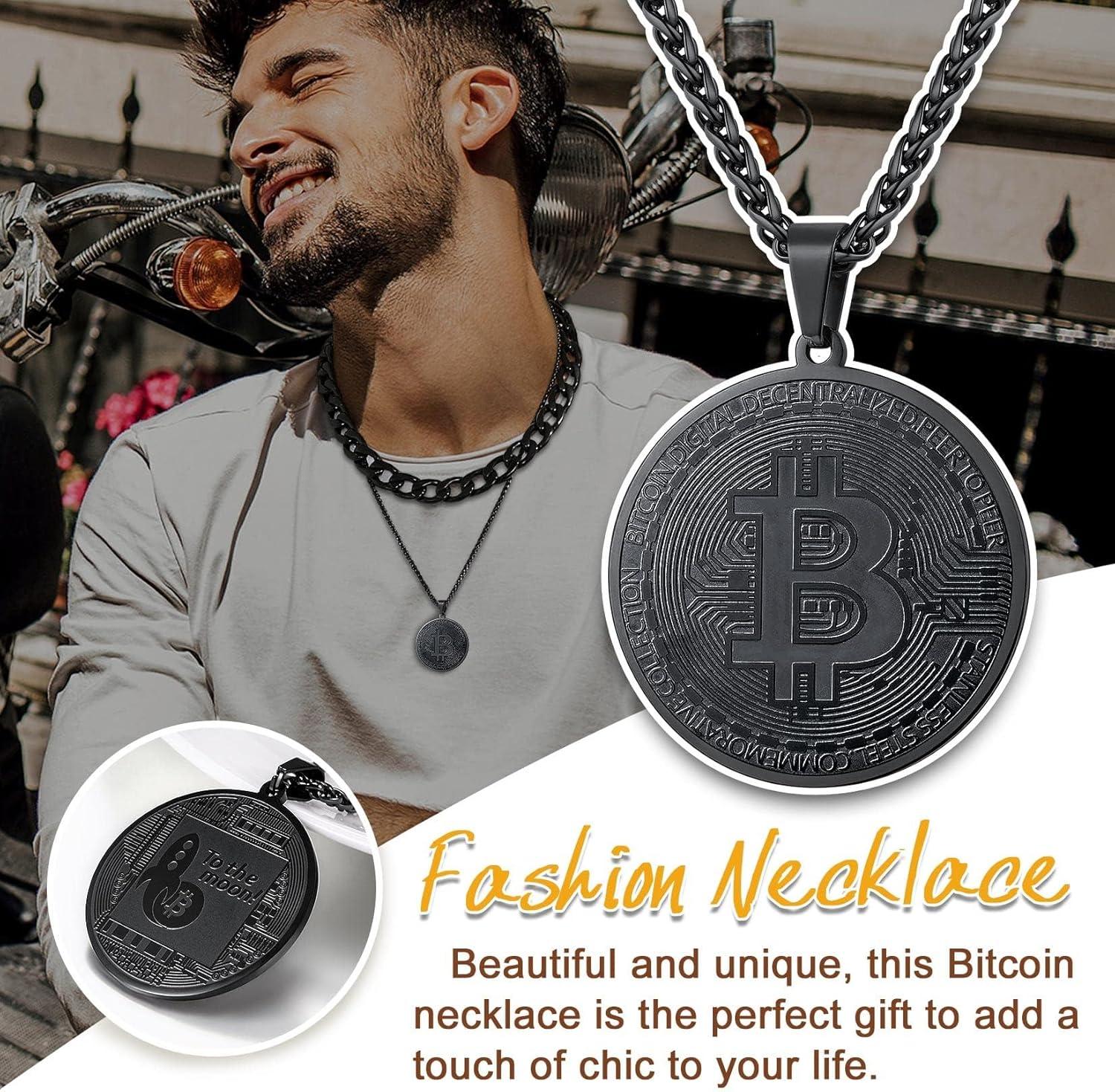 imageU7 Bitcoin Chain for Men Stainless Steel 18K Gold Plated Cryptocurrency Pendant BTCDollar Sign Coin Medal NecklaceBitcoinBlack