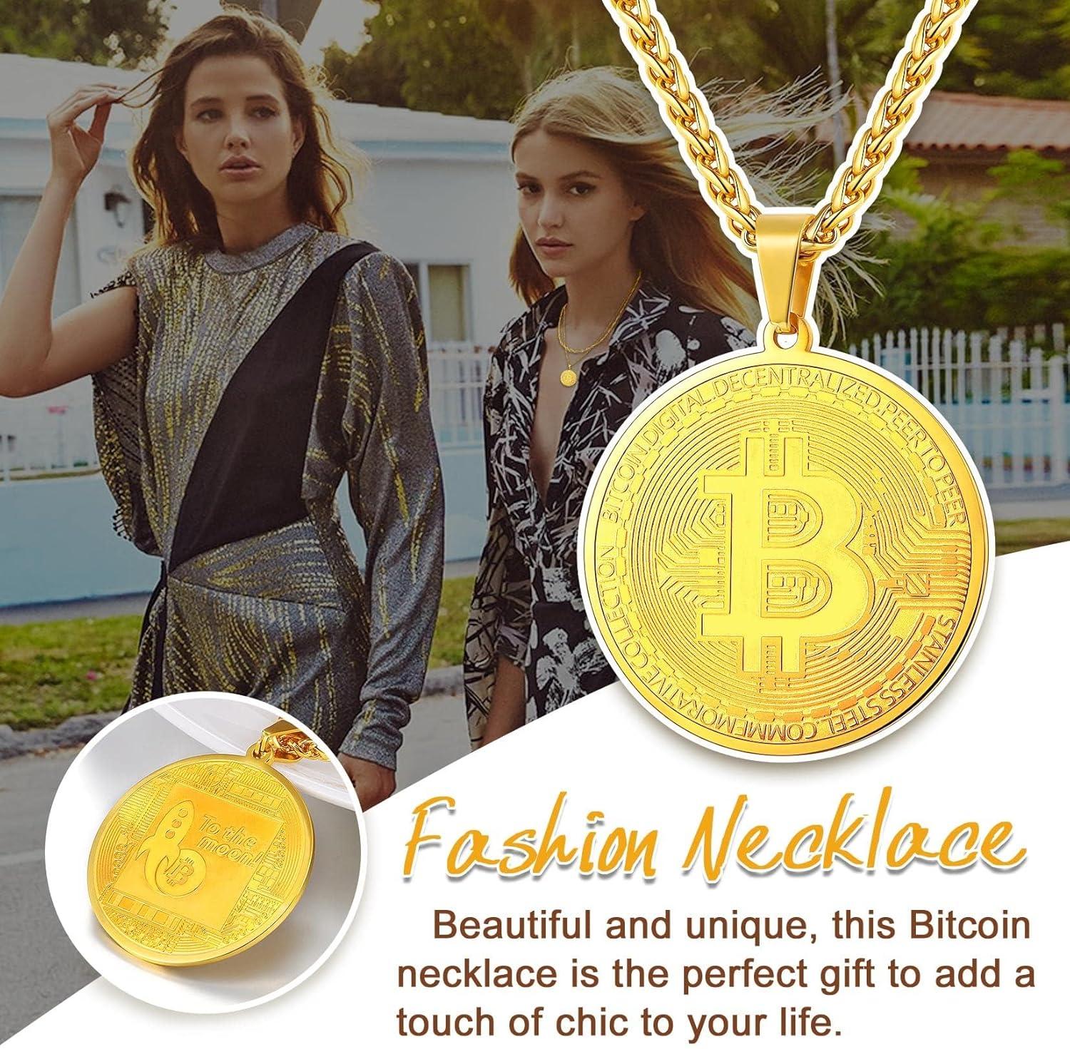 imageU7 Bitcoin Chain for Men Stainless Steel 18K Gold Plated Cryptocurrency Pendant BTCDollar Sign Coin Medal NecklaceBitcoinGold