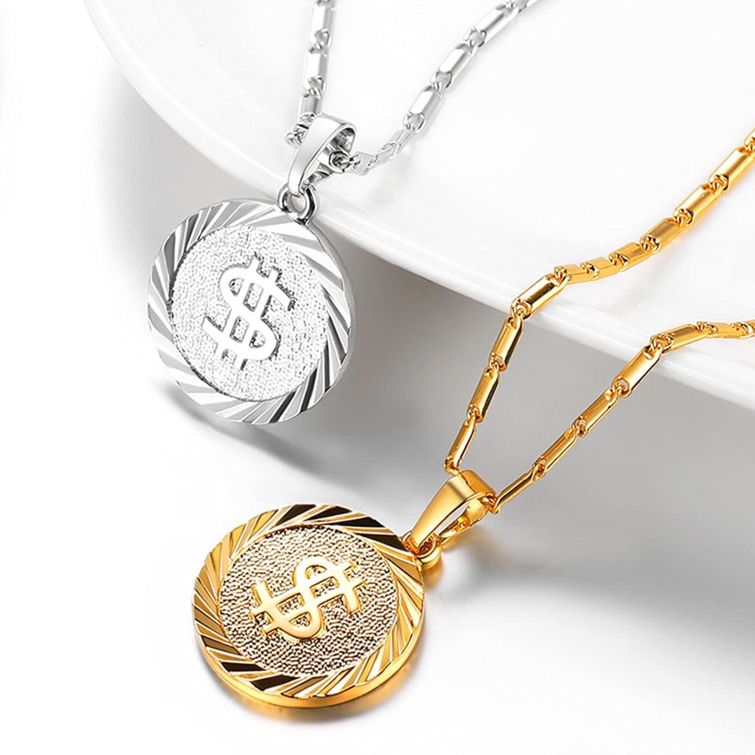 imageU7 Bitcoin Chain for Men Stainless Steel 18K Gold Plated Cryptocurrency Pendant BTCDollar Sign Coin Medal NecklaceDollar SignPlatinum