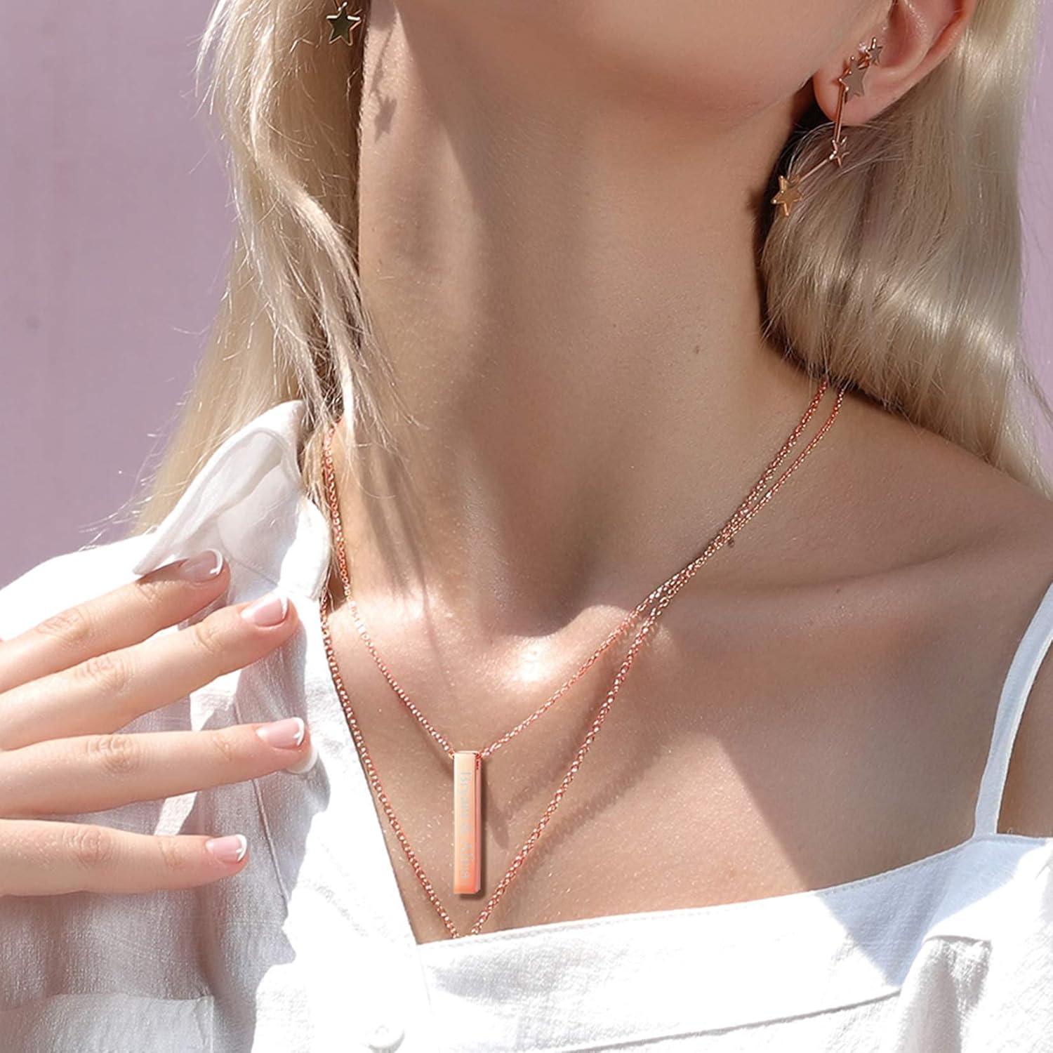 imageU7 Engravable Bar Necklace Womens Choker Necklace Stainless Steel Custom Engrave Text HorizontalVertical Bar Pendant Necklaces for Men Women4Sided BarRose Gold
