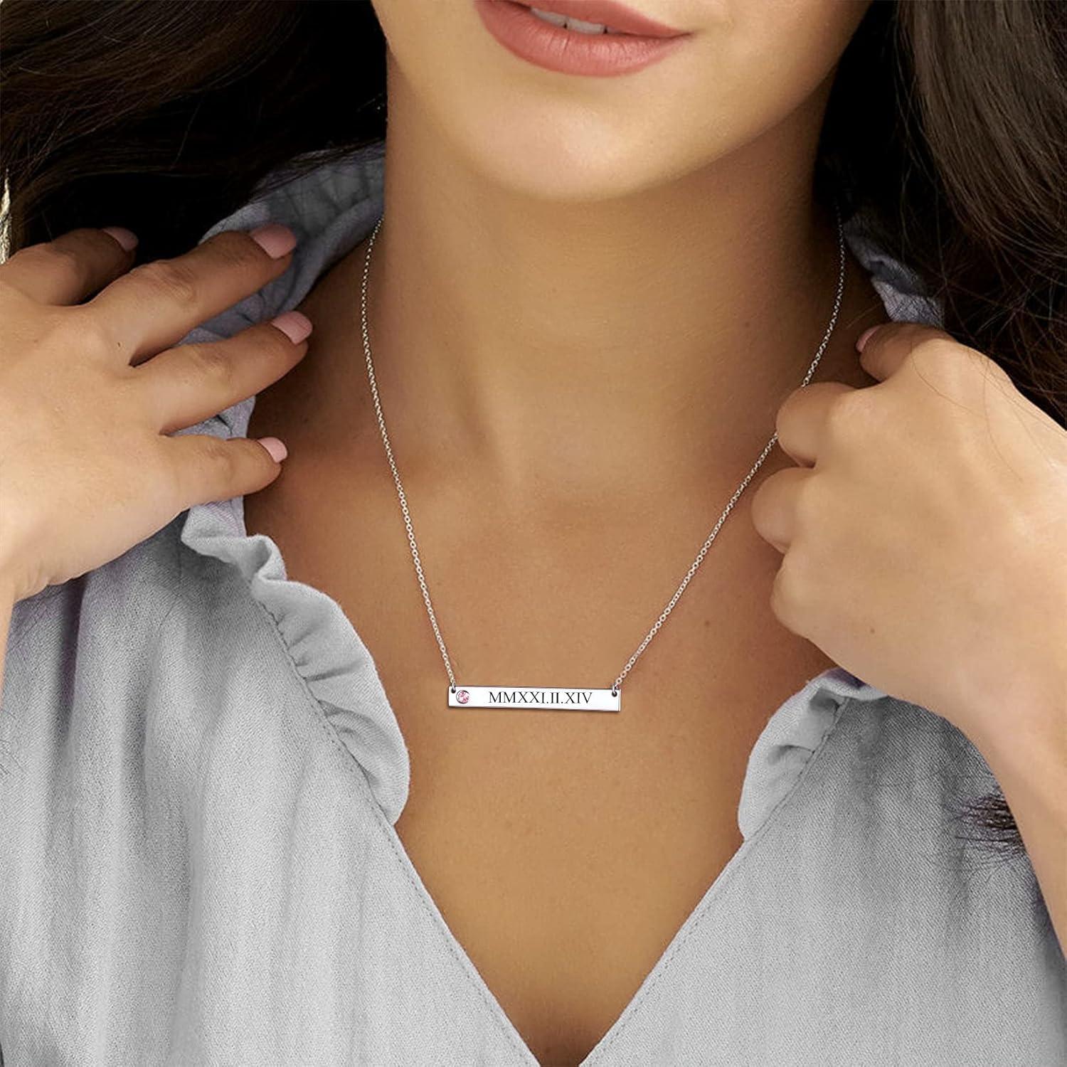 imageU7 Engravable Bar Necklace Womens Choker Necklace Stainless Steel Custom Engrave Text HorizontalVertical Bar Pendant Necklaces for Men WomenHorizontal BarSterling SilverTextBirthstone
