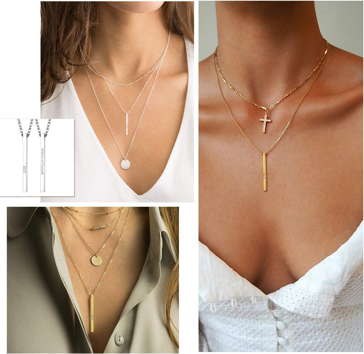 imageU7 Engravable Bar Necklace Womens Choker Necklace Stainless Steel Custom Engrave Text HorizontalVertical Bar Pendant Necklaces for Men WomenLong BarStainless Steel