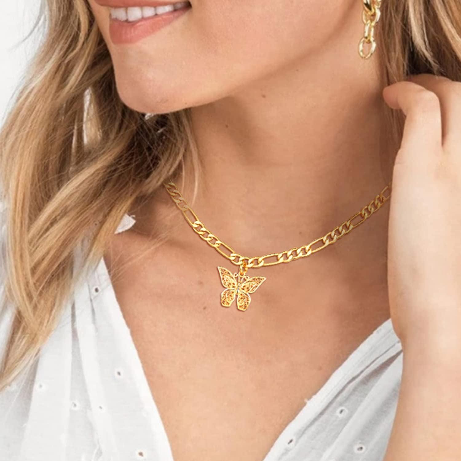 imageU7 Name Necklace Personalized Stainless Steel 18K Gold Plated Nameplate Jewelry for Men Women Multiple Name Necklace Customized Initial Name Choker Necklace with Curb ChainButterfly Gold