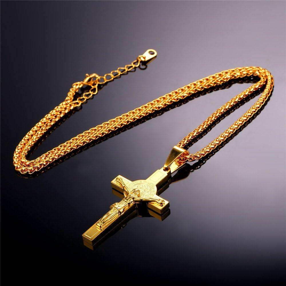 imageU7 Russian Orthodox Cross PendantPraying HandsIchthys Sign for Men Women Stainless Steel 18K Gold Plated Jesus Pendant Christian Religious Necklaces Length 22 Silver Black Gold09 St Benedict Medal CrucifixGold