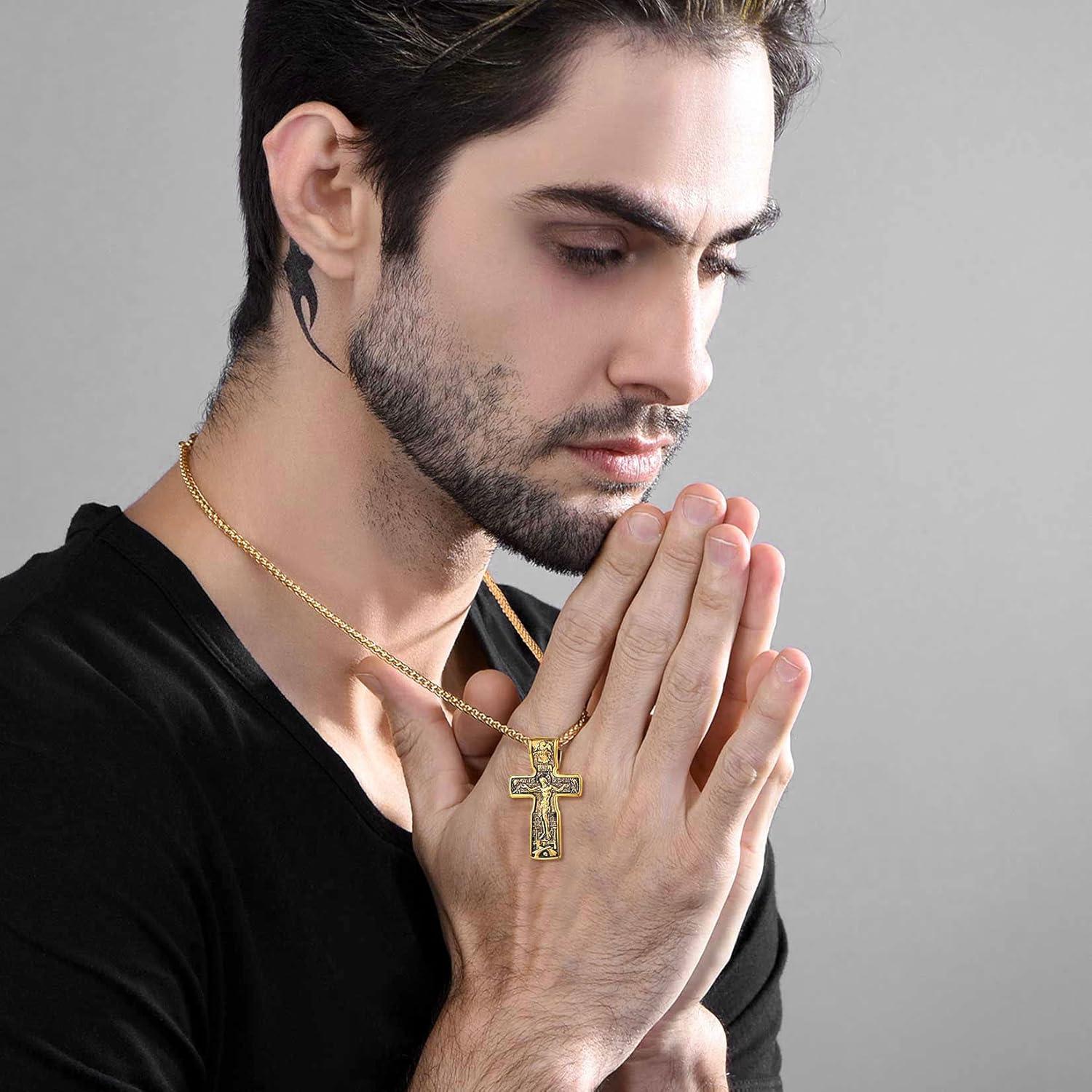 imageU7 Russian Orthodox Cross PendantPraying HandsIchthys Sign for Men Women Stainless Steel 18K Gold Plated Jesus Pendant Christian Religious Necklaces Length 22 Silver Black GoldJChurch Crucifix Gold