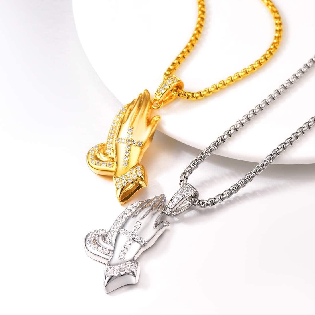 imageU7 Russian Orthodox Cross PendantPraying HandsIchthys Sign for Men Women Stainless Steel 18K Gold Plated Jesus Pendant Christian Religious Necklaces Length 22 Silver Black Gold06 Iced Praying HandsGold