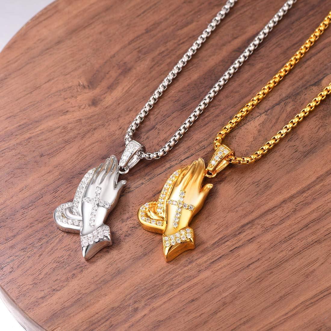 imageU7 Russian Orthodox Cross PendantPraying HandsIchthys Sign for Men Women Stainless Steel 18K Gold Plated Jesus Pendant Christian Religious Necklaces Length 22 Silver Black Gold06 Iced Praying HandsPlatinum