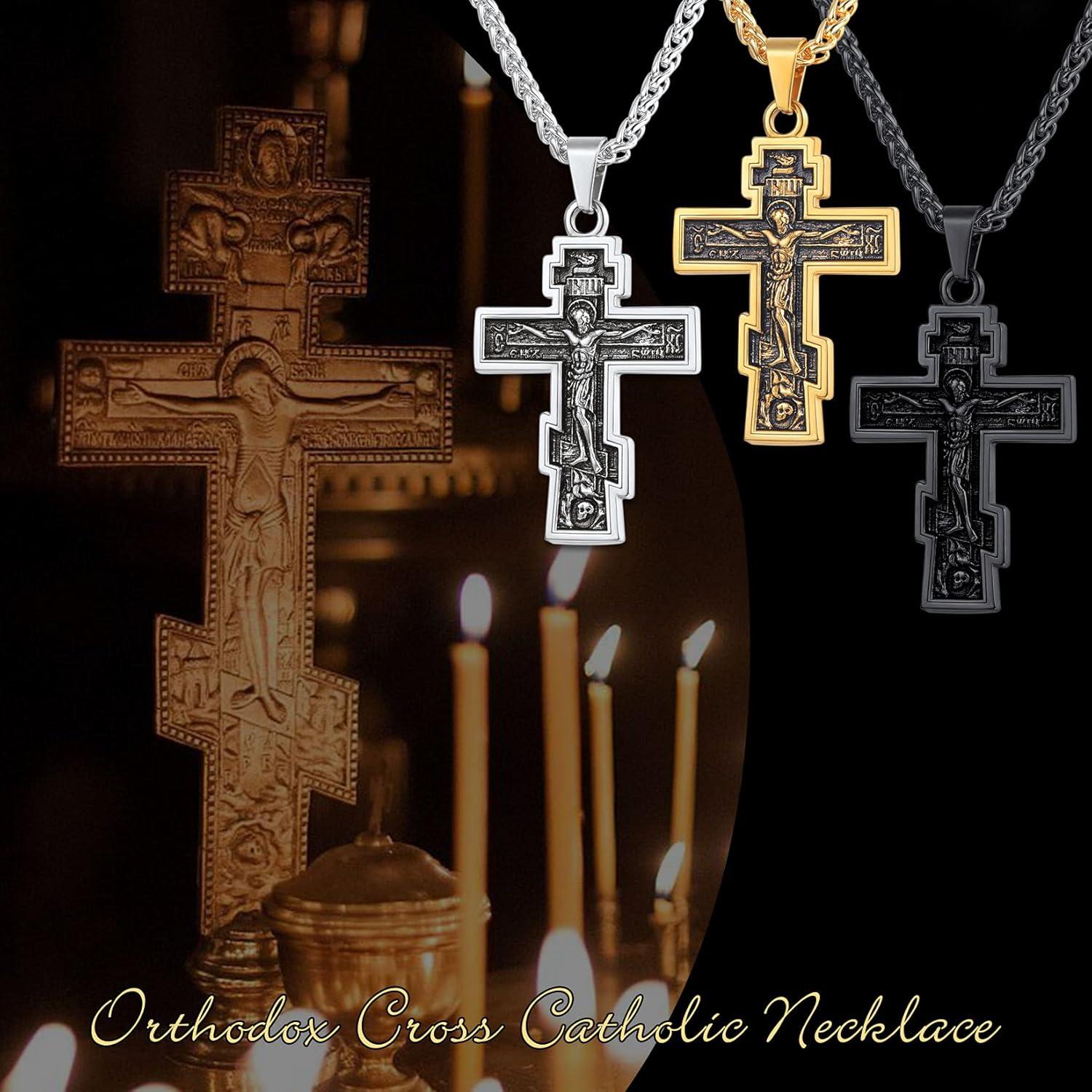 imageU7 Russian Orthodox Cross PendantPraying HandsIchthys Sign for Men Women Stainless Steel 18K Gold Plated Jesus Pendant Christian Religious Necklaces Length 22 Silver Black Gold01 Orthodox CrossSteel