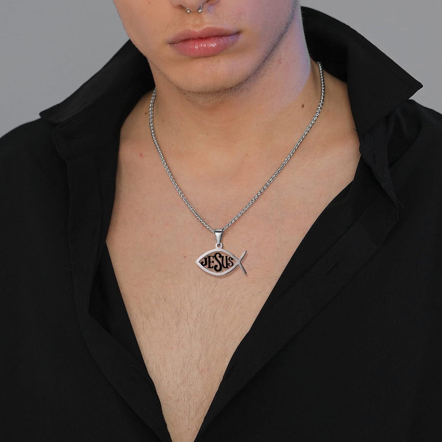 imageU7 Russian Orthodox Cross PendantPraying HandsIchthys Sign for Men Women Stainless Steel 18K Gold Plated Jesus Pendant Christian Religious Necklaces Length 22 Silver Black Gold06 Christian FishBlack
