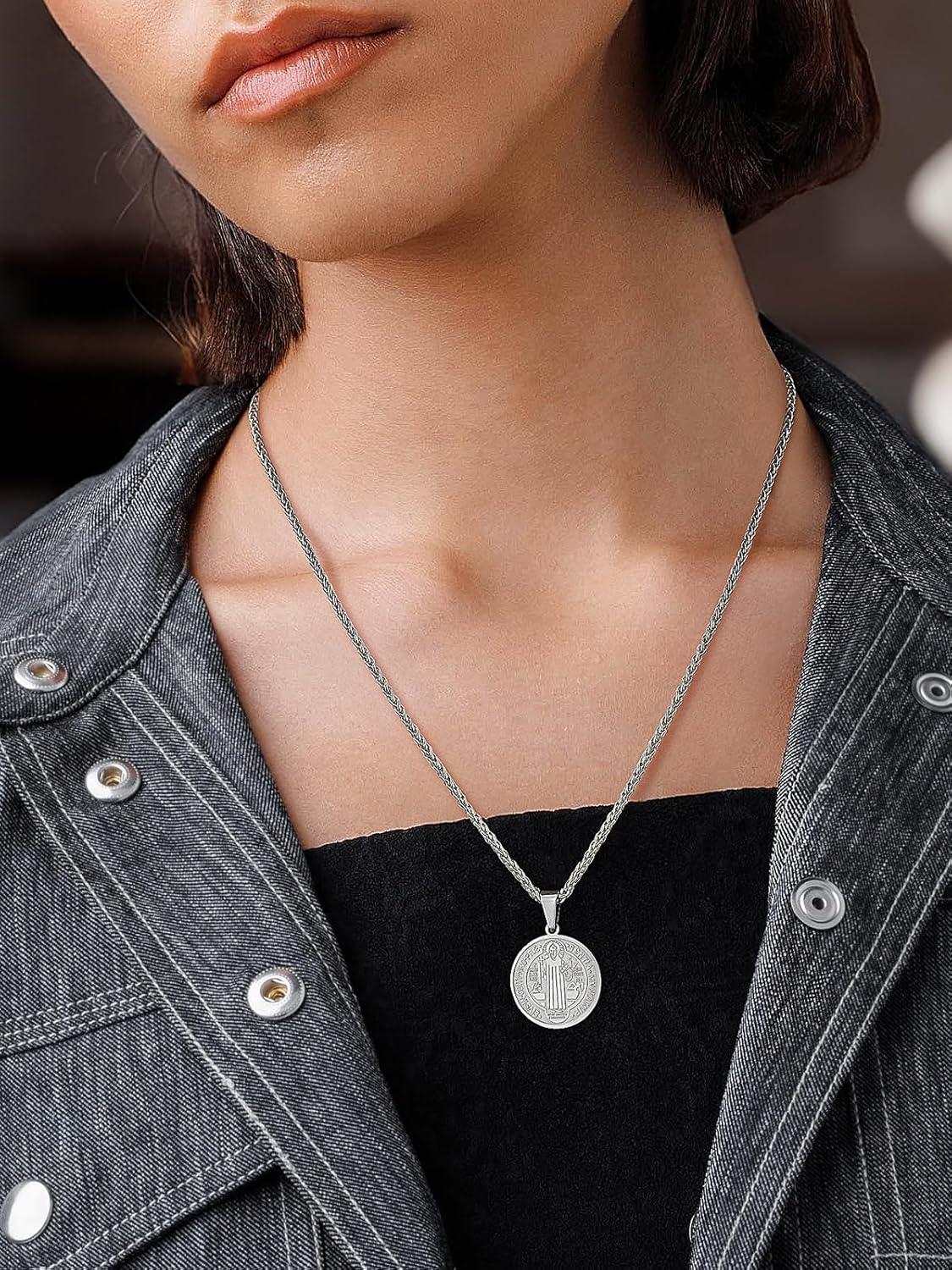 imageU7 Saint Benedict Medal Pendant Cross Christian Jewelry Stainless Steel Round Coin Cathoic Necklace with Personalized Text Gift for Men Women