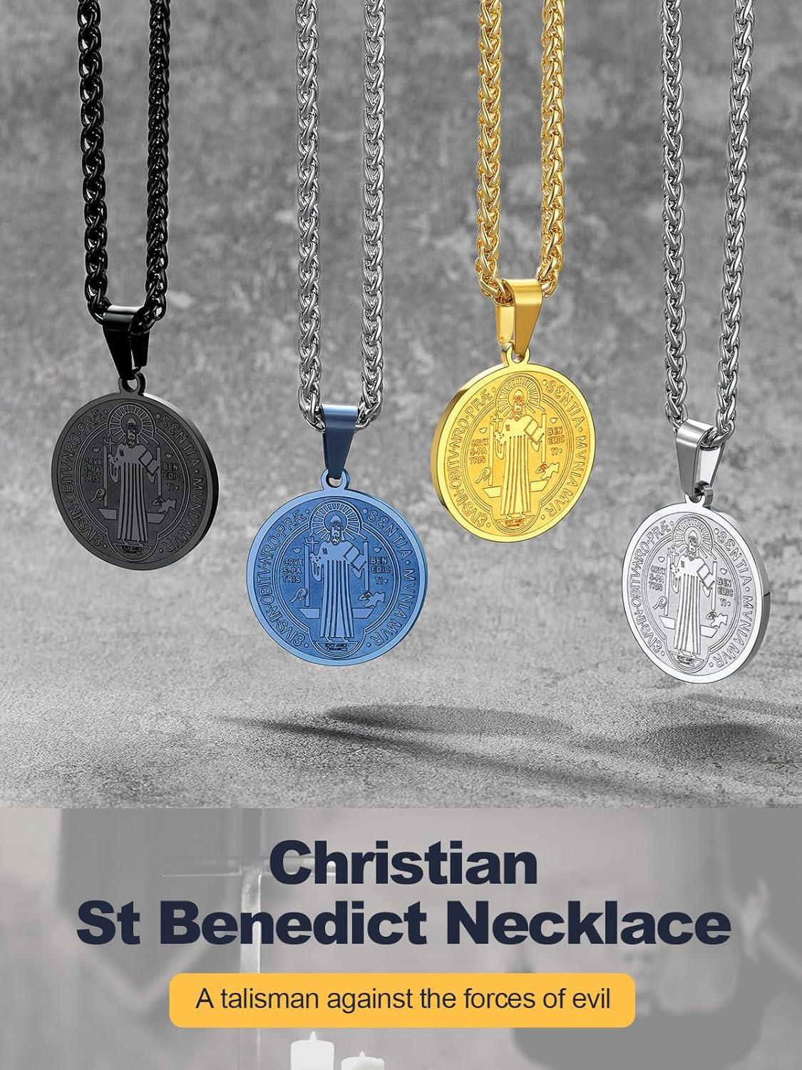 imageU7 Saint Benedict Medal Pendant Cross Christian Jewelry Stainless Steel Round Coin Cathoic Necklace with Personalized Text Gift for Men Women