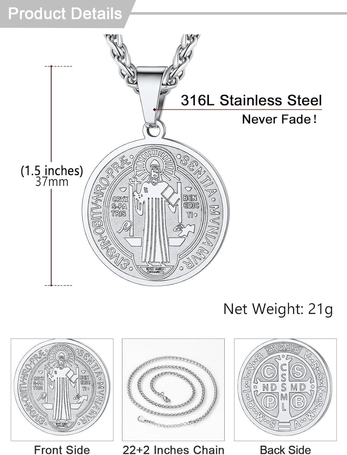 imageU7 Saint Benedict Medal Pendant Cross Christian Jewelry Stainless Steel Round Coin Cathoic Necklace with Personalized Text Gift for Men Women