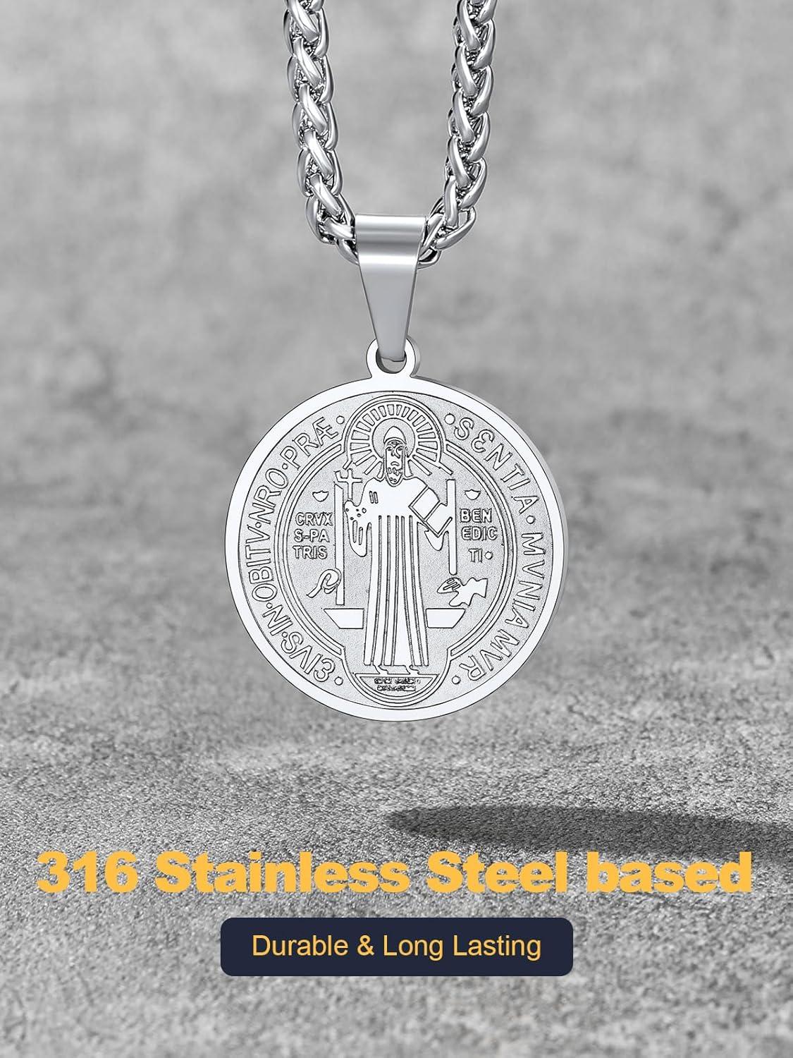 imageU7 Saint Benedict Medal Pendant Cross Christian Jewelry Stainless Steel Round Coin Cathoic Necklace with Personalized Text Gift for Men Women
