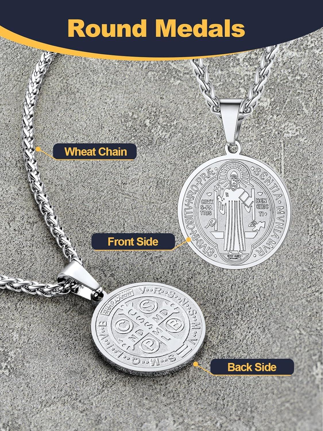 imageU7 Saint Benedict Medal Pendant Cross Christian Jewelry Stainless Steel Round Coin Cathoic Necklace with Personalized Text Gift for Men Women