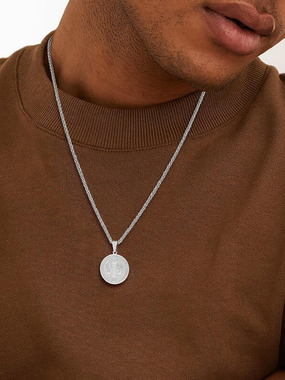 imageU7 Saint Benedict Medal Pendant Cross Christian Jewelry Stainless Steel Round Coin Cathoic Necklace with Personalized Text Gift for Men Women
