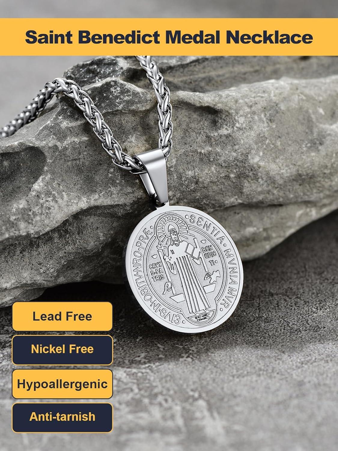 imageU7 Saint Benedict Medal Pendant Cross Christian Jewelry Stainless Steel Round Coin Cathoic Necklace with Personalized Text Gift for Men Women