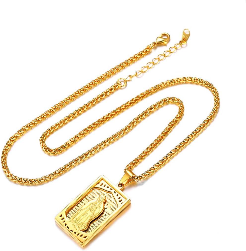 imageU7 Virgin Mary Necklace 18K Gold Plated Catholic Jewelry Dog Tag Pendant with 22 Inch Wheat Chain for Men Women