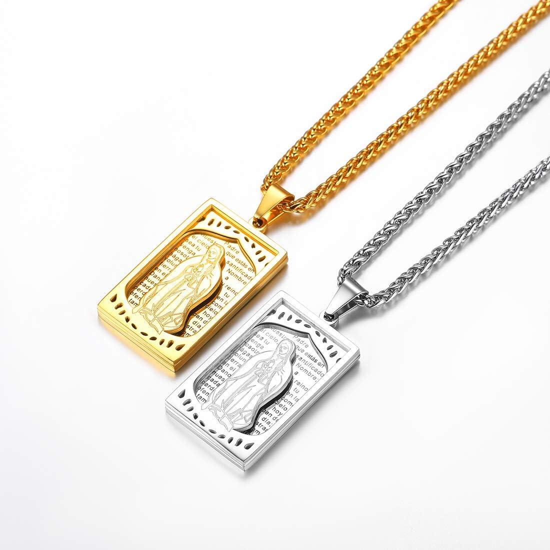 imageU7 Virgin Mary Necklace 18K Gold Plated Catholic Jewelry Dog Tag Pendant with 22 Inch Wheat Chain for Men Women