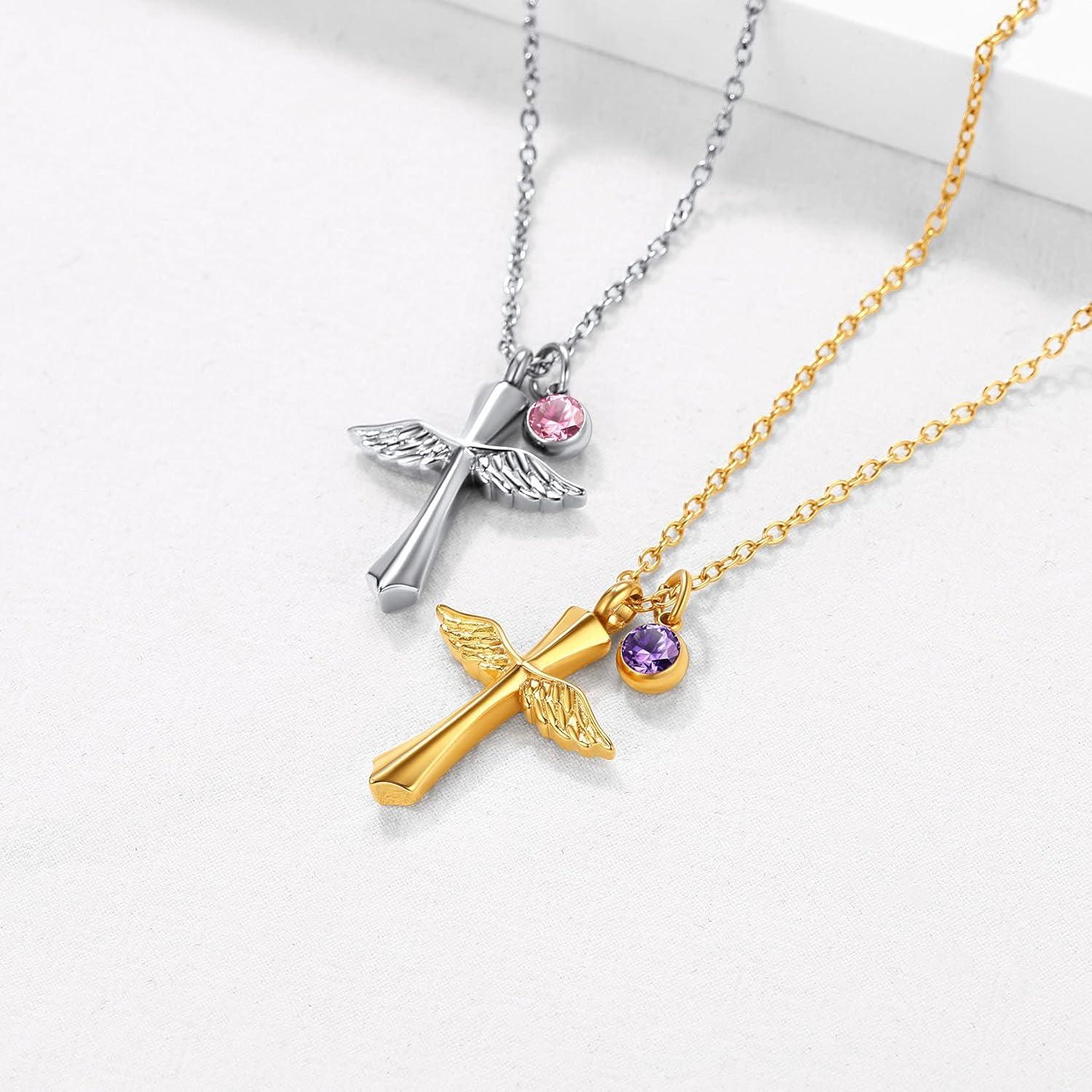 imageUrn Necklace for AshesCustomized Stainless Steel or 18K Gold Plated Cremation Jewelry Memorial Keepsake Urn Lockets Pendant for Men Women Waterproof amp Gift PackedAngel WingStainlessTextBirthstone