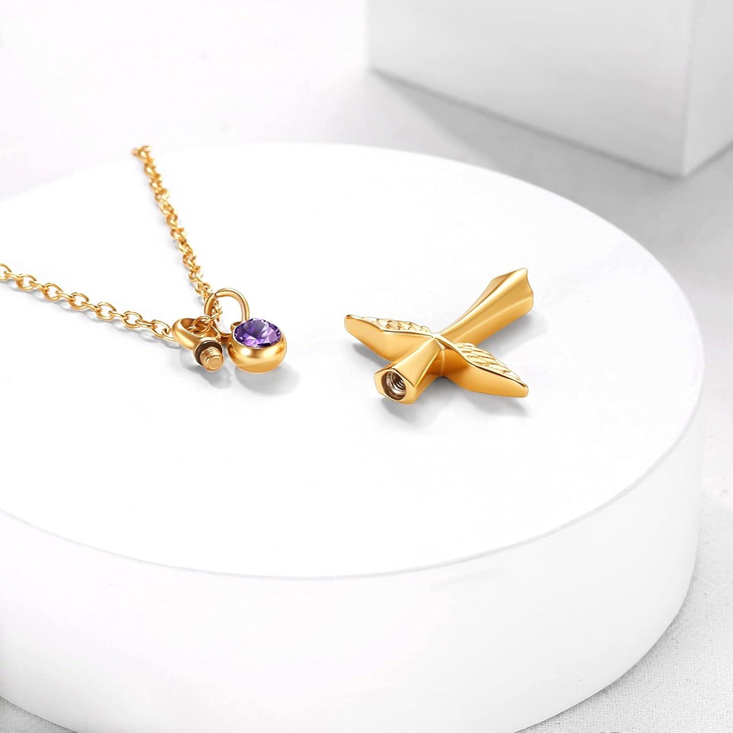 imageUrn Necklace for AshesCustomized Stainless Steel or 18K Gold Plated Cremation Jewelry Memorial Keepsake Urn Lockets Pendant for Men Women Waterproof amp Gift PackedAngel WingGoldTextBirthstone