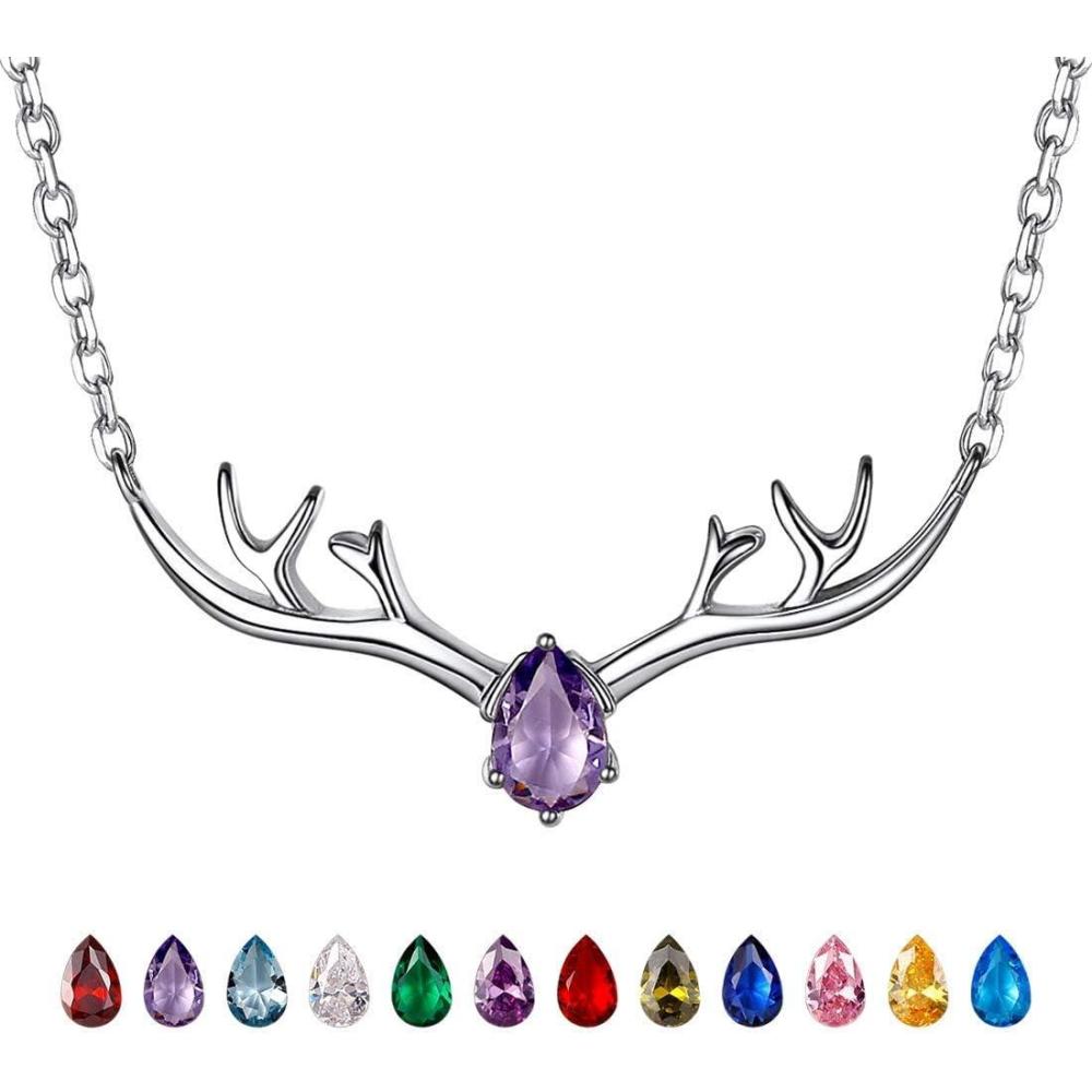 image925 Sterling Silver Butterfly NecklaceAntler Deer NecklaceAdjustable Silver Birthstone Necklace for WomenBirthstone Jewelry Gift for Her02FebruaryAmethystDeer