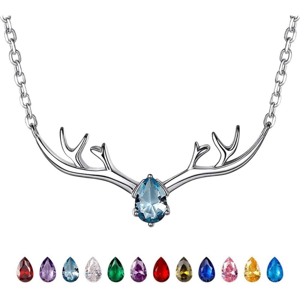 image925 Sterling Silver Butterfly NecklaceAntler Deer NecklaceAdjustable Silver Birthstone Necklace for WomenBirthstone Jewelry Gift for Her03MarchAquamarineDeer