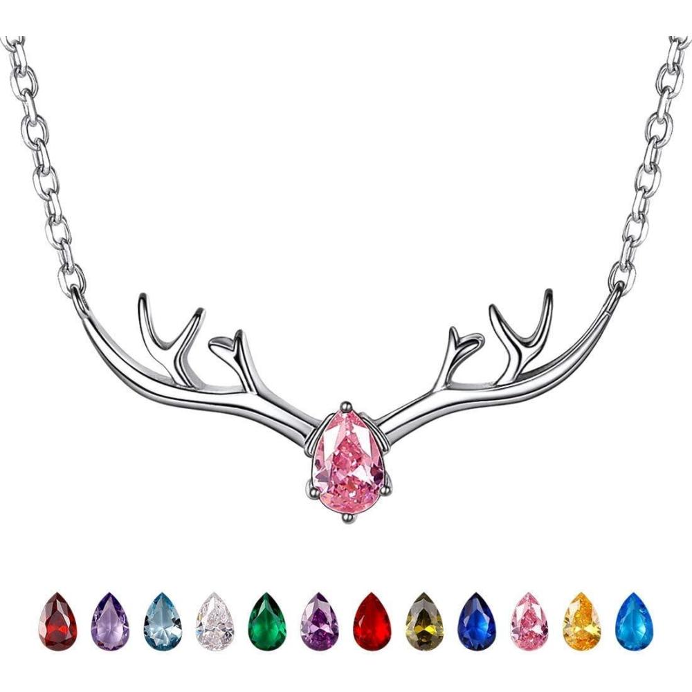 image925 Sterling Silver Butterfly NecklaceAntler Deer NecklaceAdjustable Silver Birthstone Necklace for WomenBirthstone Jewelry Gift for Her10OctoberPink TourmalineDeer