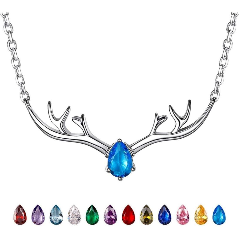 image925 Sterling Silver Butterfly NecklaceAntler Deer NecklaceAdjustable Silver Birthstone Necklace for WomenBirthstone Jewelry Gift for Her12DecemberBlue TopazDeer