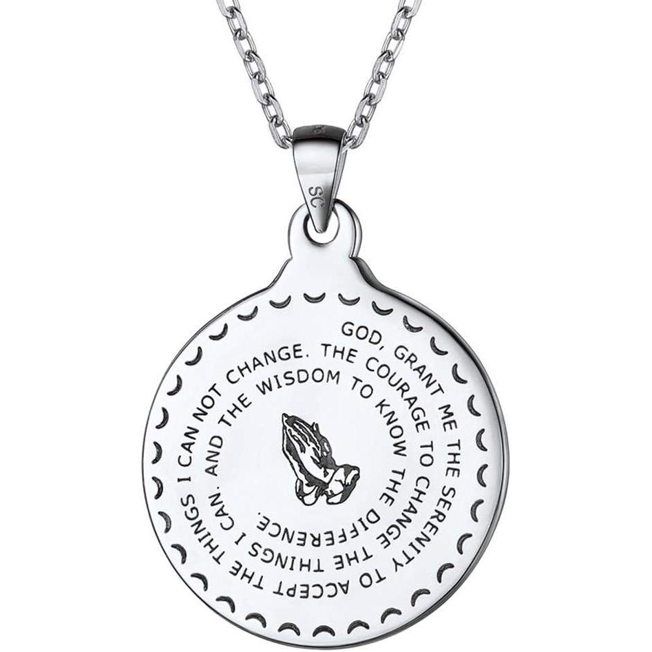 imageU7 925 Sterling Silver Coin Medal Praying Hands Necklace Chain 20 Men Women Bible Verse Prayer Pendant Necklaces Mothers Day Gift