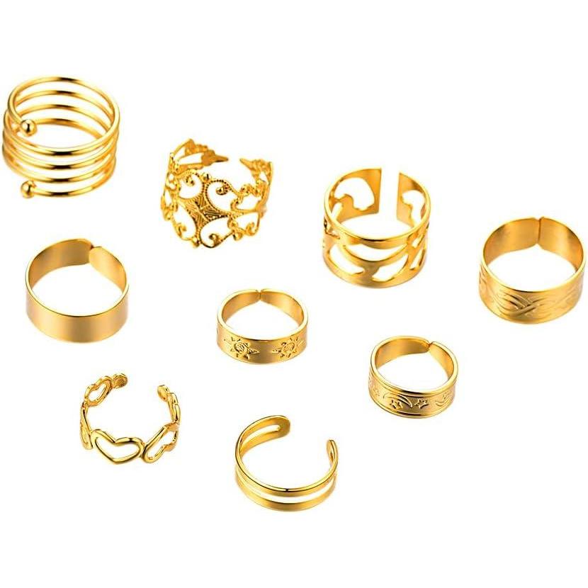 imageU7 9Pcs Knuckle Ring Set Gold Plated Heart Ring Band Ring Filigree Ring Stackable Full Finger Rings Statement Bohemian Rings for Women