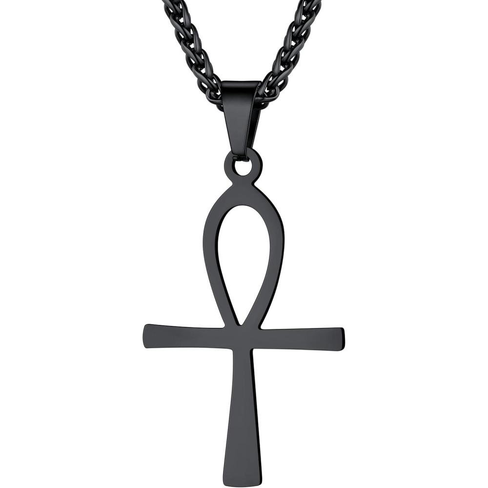 imageU7 Ankh Necklace for Men Women Stainless Steel Black Color Egyptian Jewelry Ankh Cross Pendant Africa Necklaces with Chain 22Flat AnkhBlack