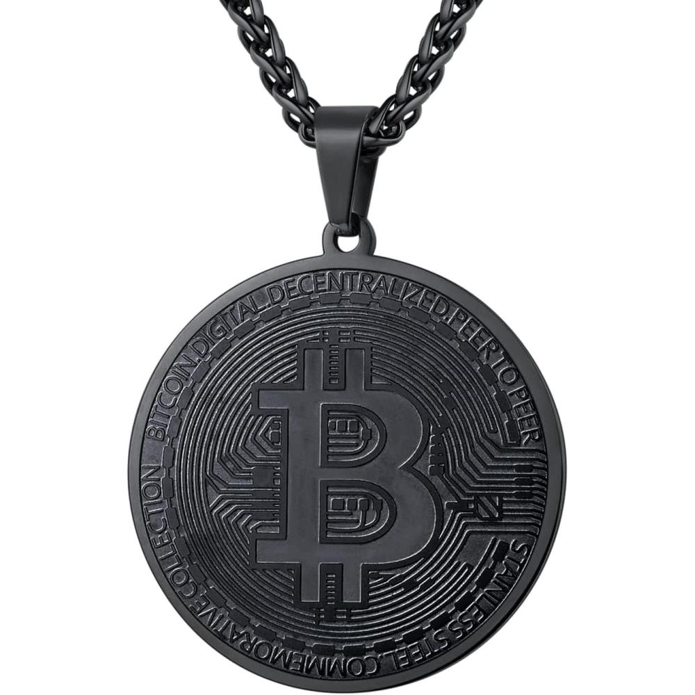 imageU7 Bitcoin Chain for Men Stainless Steel 18K Gold Plated Cryptocurrency Pendant BTCDollar Sign Coin Medal NecklaceBitcoinBlack