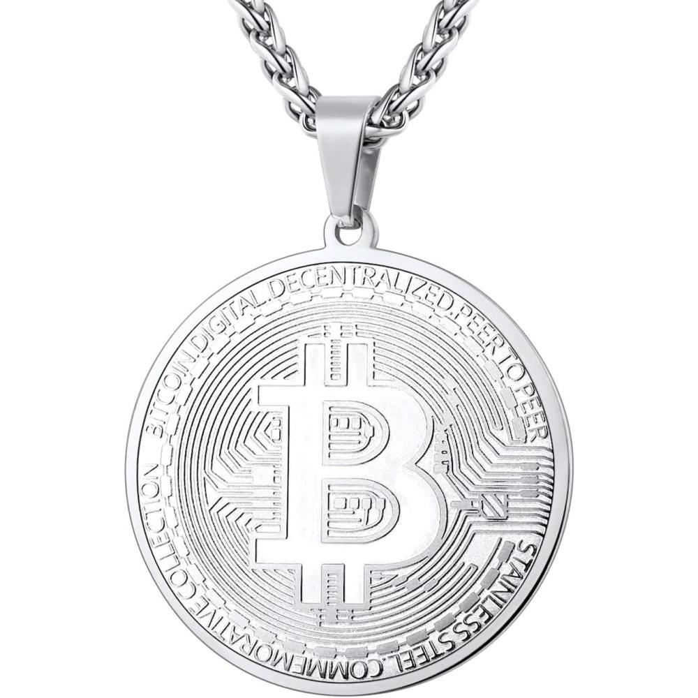 imageU7 Bitcoin Chain for Men Stainless Steel 18K Gold Plated Cryptocurrency Pendant BTCDollar Sign Coin Medal NecklaceBitcoinSteel