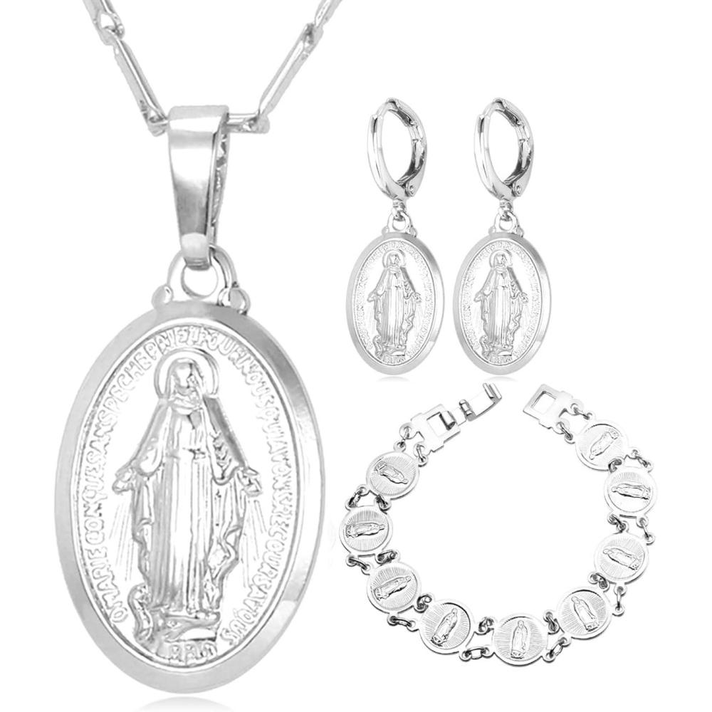 imageU7 Earrings for Women 18K Gold Plated Virgin Mary Dangle Earrings for Women Christian Jewelry3Pcs SetPlatinum