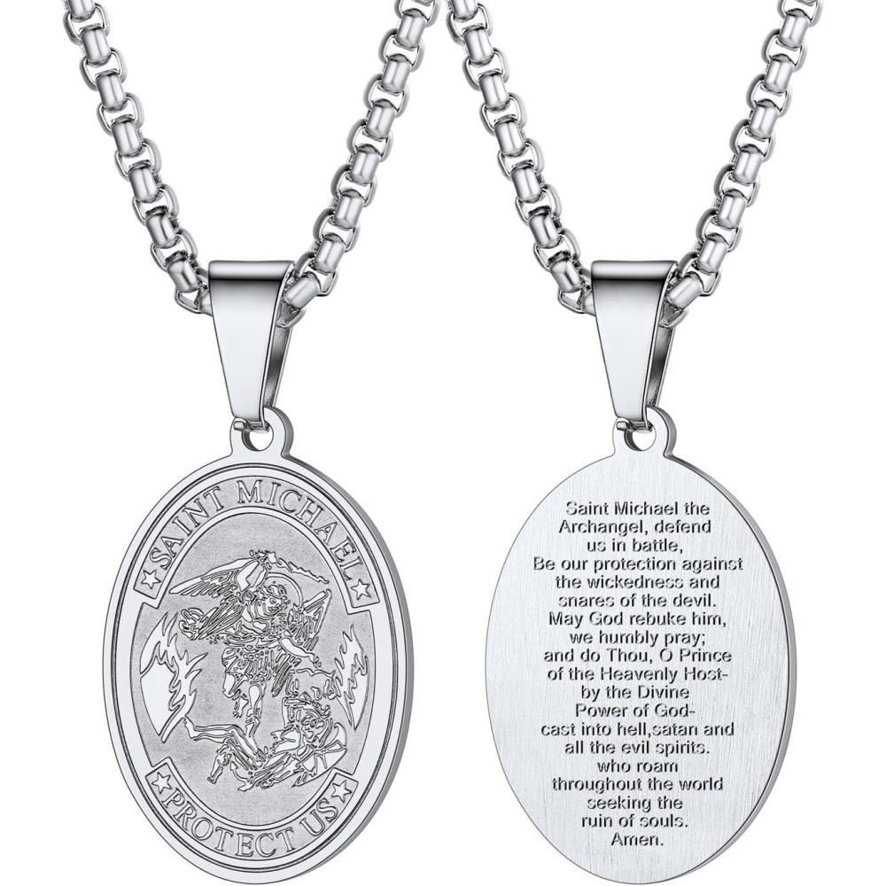imageU7 Polished Oval Saint Michael Necklace Customized Engrave on Pendant Loop Stainless Steel Biblical Archangel Jewelry for Men and Women with Gift Box