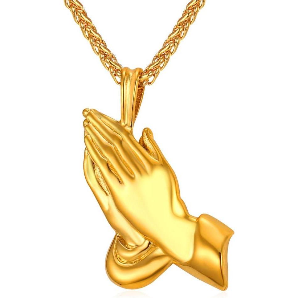 imageU7 Russian Orthodox Cross PendantPraying HandsIchthys Sign for Men Women Stainless Steel 18K Gold Plated Jesus Pendant Christian Religious Necklaces Length 22 Silver Black Gold05 Praying HandsGold