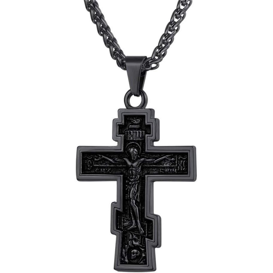 imageU7 Russian Orthodox Cross PendantPraying HandsIchthys Sign for Men Women Stainless Steel 18K Gold Plated Jesus Pendant Christian Religious Necklaces Length 22 Silver Black Gold01 Orthodox CrossRetro Black