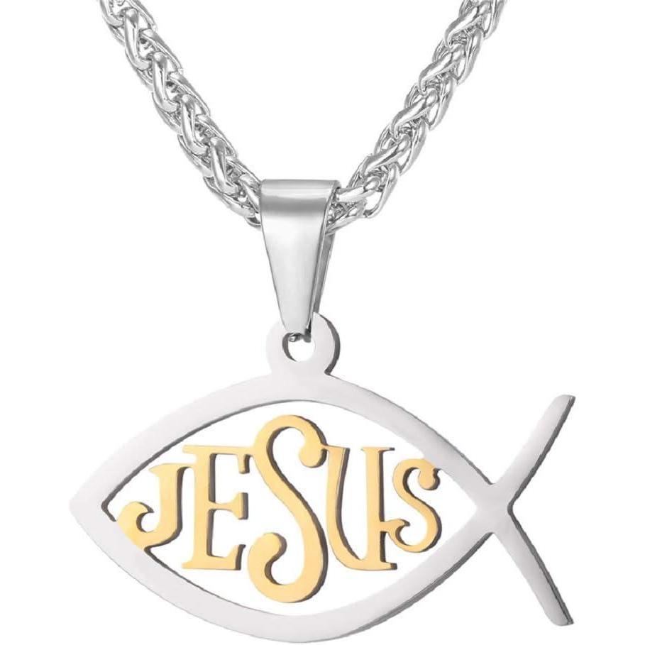 imageU7 Russian Orthodox Cross PendantPraying HandsIchthys Sign for Men Women Stainless Steel 18K Gold Plated Jesus Pendant Christian Religious Necklaces Length 22 Silver Black Gold06 Christian FishGold