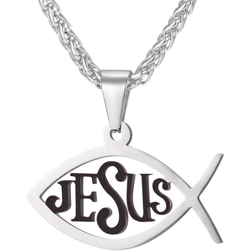 imageU7 Russian Orthodox Cross PendantPraying HandsIchthys Sign for Men Women Stainless Steel 18K Gold Plated Jesus Pendant Christian Religious Necklaces Length 22 Silver Black Gold06 Christian FishBlack