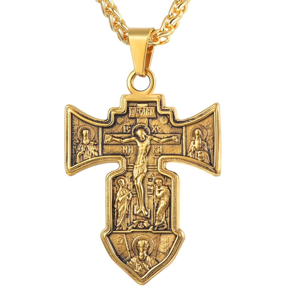 imageU7 Russian Orthodox Cross PendantPraying HandsIchthys Sign for Men Women Stainless Steel 18K Gold Plated Jesus Pendant Christian Religious Necklaces Length 22 Silver Black Gold02 Orthodox CrossGold